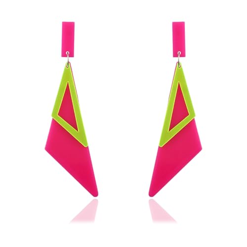 Retro 80s Neon Earrings for Women Acrylic Triangle Neon Dangle Earrings Colorful Geometric Drop Earrings Glow Party Halloween Neon Earrings - color: Rose Red