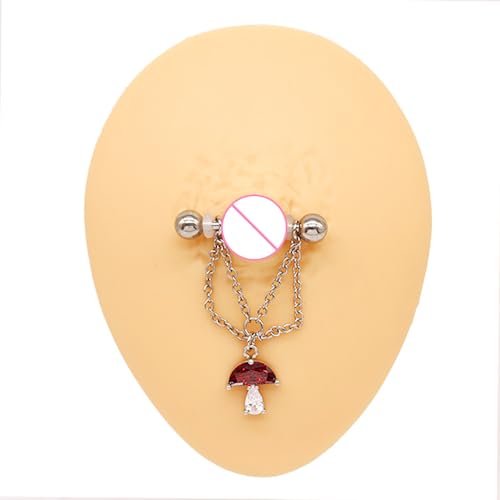 14G Mushroom Chain Nipple Rings for Women Girls 316L Stainless Steel Dangle Nipple Barbell Nipple Studs Rings Nipple Piercing Jewelry, Red, Silver