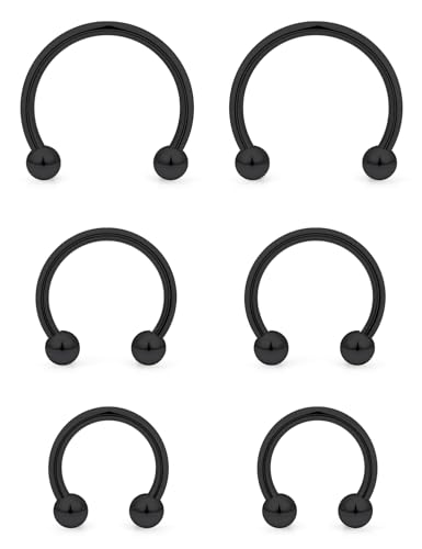 6PCS Septum Rings 18G Stainless Steel Nose Septum Ring Horseshoe Earring Eyebrow Lip Smiley Piercing Jewelry for Women Men Inner Diameter 8mm/10mm/12mm - color: black,ball closure