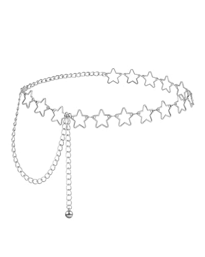 AWAYTR Gold Silver Waist Chain Belt for Women - Cowgirl Style for Dresses | Adjustable Metal Belt Design for Ladies, Ideal for Dresses, Jeans, Parties and Country Concerts - color: Silver-star