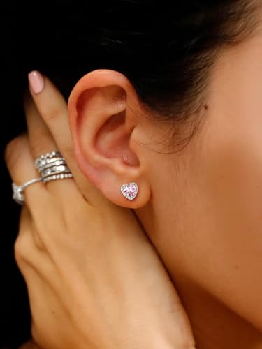 Suplight 925 Sterling Silver Birthstone Stud Earrings for Women, Round/Heart/Teardrop/Square Crystal Diamond Earrings for Women, Dainty Birthday Gifts Jewelry - color: style b-10. heart-October(Created Tourmaline)
