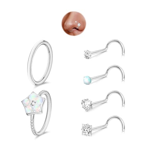 davka Nose Ring Set, 18G Hinged Hoop 8mm & 20G Nose Studs, Stainless Steel & Gold Plated, Hypoallergenic, Multiple Styles Nose Piercing Jewelry - color: Silver/Star-shaped Opal/18g 8mm hoops/Corkscrew studs