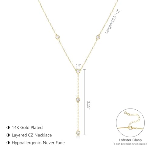 Luxval Lariat Gold Necklace for Women, Dainty Long Necklace 14k Gold Plated/Silver Y-Shaped Pendant Necklaces Trendy Beaded Chain Drop Necklaces Jewelry for Women Gifts - color: Gold-Five CZ