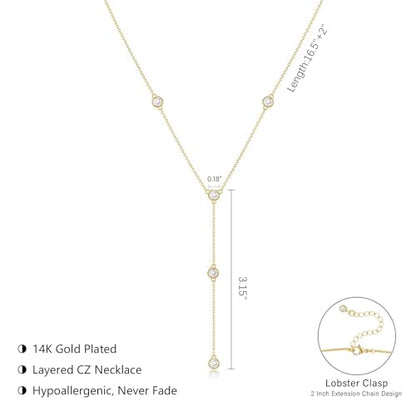 Luxval Lariat Gold Necklace for Women, Dainty Long Necklace 14k Gold Plated/Silver Y-Shaped Pendant Necklaces Trendy Beaded Chain Drop Necklaces Jewelry for Women Gifts - color: Gold-Five CZ