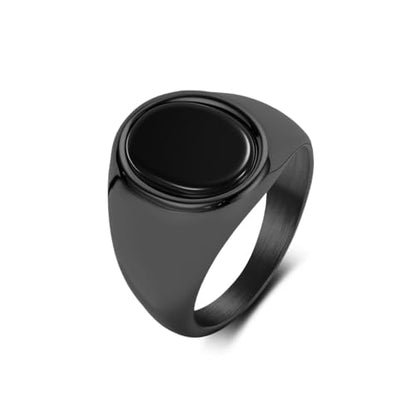 Stainless Steel Black Obsidian Ring for Men Women, Oval Black Stone Signet Ring, Gold Silver Black Tone Wide Band Ring, Polished Stainless Steel Statement Jewelry Gift - color: Black
