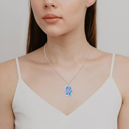 Hamsa Necklace 925 Sterling Silver Evil Eye/Lotus Flower/Star of David/Chai/Yin Yang Hamsa Hand Pendant Jewelry Hand of Fatima Gifts for Women - style: Star of David-Blue Opal