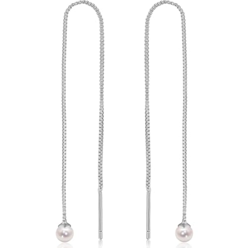 Threader Pearl Earrings for Women - Long Dangle with Simulated Pearls | Plated in Gold Tone or Silver Tone - color: Single Simulated Pearl - 925 Sterling Silver Plated