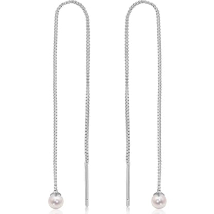 Threader Pearl Earrings for Women - Long Dangle with Simulated Pearls | Plated in Gold Tone or Silver Tone - color: Single Simulated Pearl - 925 Sterling Silver Plated