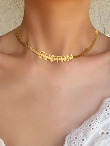 ChainsHouse Flat Snake Chain Herringbone Choker Necklace for Women, Stainless Steel/Rose Gold/18K Gold Plated Dainty Adjustable Simple Short Layered Necklaces, 12"/15"/18" with 3.5" Extender - color: c. 14k gold plated-5mm-custom