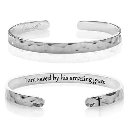 Bracelet - Gifts for Women – Inspirational, Friendships, Love, Mom, Daughters, Sisters, Christian, Graduations, Memorials & Wedding Gifts – 100+ Phrases – Stainless Steel, Gift Ready - color: CHRISTIAN GIFT- I am saved by his amazing grace - SILVER