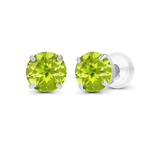 Solid 14K Yellow, White or Rose Gold 4mm Round Genuine Gemstone Birthstone Prong Set Stud Earrings For Women - color: Peridot