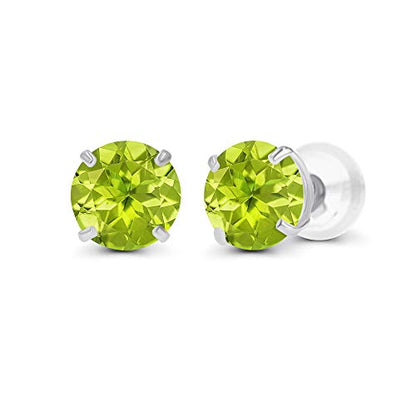 Solid 14K Yellow, White or Rose Gold 4mm Round Genuine Gemstone Birthstone Prong Set Stud Earrings For Women - color: Peridot