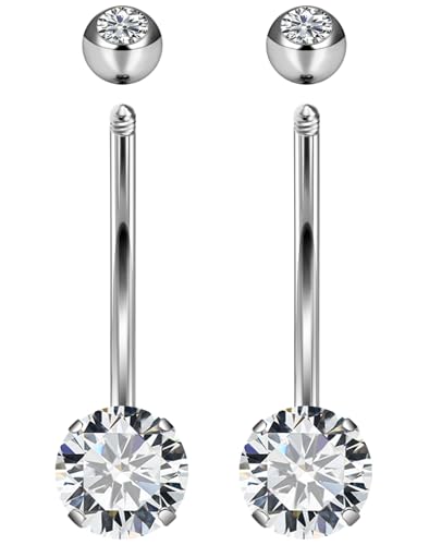Long Belly Button Ring 6mm 8mm 10mm 12mm 14mm Surgical Stainless Steel Round Cubic Zirconia Navel Barbell Long Bar Belly Button Piercing Jewelry Silver, black, rose gold belly ring - color: 2pcs-14mm-Silver navel ring
