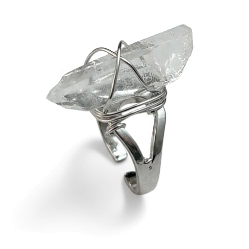 Irregular Natural Clear Quartz Ring for Women and Men | Adjustable Boho Big Rings for Vintage Hippie Jewelry | Healing Crystal Jewelry for Yoga, Meditation - color: Silver