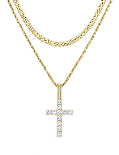 Fiusem Layered Cross Necklace for Men, Stainless Steel Cuban and Rope Chain | Silver Tone/14K Gold Plated Mens Necklace Chain with Cubic Zirconia Cross Pendant - color: Gold, size: 20/22 inches