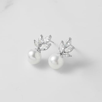 SWEETV Cubic Zirconia Pearl Drop Wedding Earrings for Brides, Ivory Bridal Pearl Earrings for Bridesmaid Jewelry Gift - color: 07.Style 8