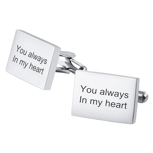 Classic Stainless Steel Cufflinks for Men Personalized Initial/Date/Photo Silver Mens Cufflinks Gift for Husband Groomsmen Groom Father of the Bride - color: Rectangle (Text)