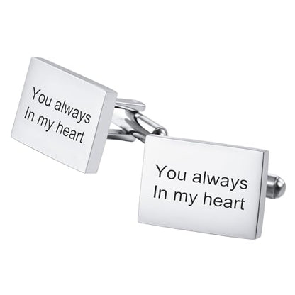 Classic Stainless Steel Cufflinks for Men Personalized Initial/Date/Photo Silver Mens Cufflinks Gift for Husband Groomsmen Groom Father of the Bride - color: Rectangle (Text)