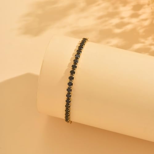 18K Gold Plated Tennis Bracelets for Women, Adjustable Cubic Zirconia Bracelet with Multi-color 4mm CZ Diamond Paperclip Chain, Dainty Trendy Birthday Bridal Jewelry Gifts for Women Daily Party Wear - color: Black