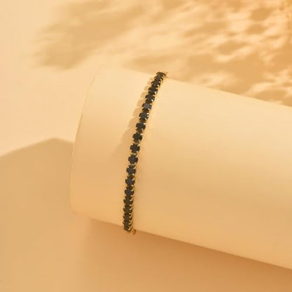 18K Gold Plated Tennis Bracelets for Women, Adjustable Cubic Zirconia Bracelet with Multi-color 4mm CZ Diamond Paperclip Chain, Dainty Trendy Birthday Bridal Jewelry Gifts for Women Daily Party Wear - color: Black