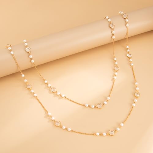 Long Pearl Necklaces for Women Pearl Long Chain Necklace Gold Chain Dainty Delicate Station Necklace Jewelry for Dress Party - color: 2Layer Gold