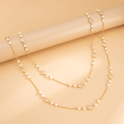 Long Pearl Necklaces for Women Pearl Long Chain Necklace Gold Chain Dainty Delicate Station Necklace Jewelry for Dress Party - color: 2Layer Gold