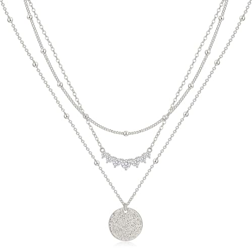 Layered Gold Silver Necklaces for Women, Stackable Stack 14K Real Gold Plated Silver Chain Necklace Diamond Circle CZ Layering Pendant Necklaces Trendy Gold Jewelry Set Gifts - color: silver, style: 3PC-CZ