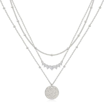 Layered Gold Silver Necklaces for Women, Stackable Stack 14K Real Gold Plated Silver Chain Necklace Diamond Circle CZ Layering Pendant Necklaces Trendy Gold Jewelry Set Gifts - color: silver, style: 3PC-CZ