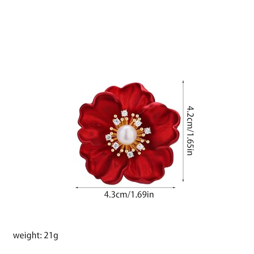 Anmpab Red Peony Flower Brooch with Pearl and Rhinestone Floral Lapel Pin for Women Blazer Dress Coat Jacket Scarf