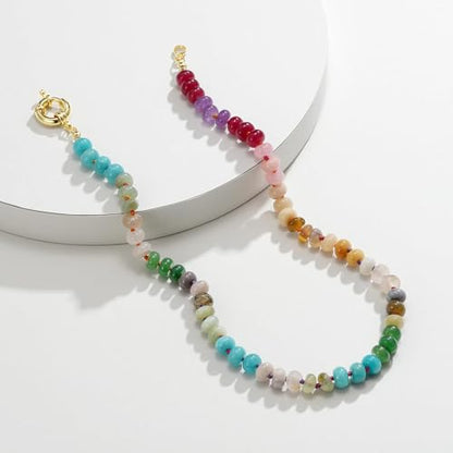 KissYan Beaded Gemstone Necklaces for Women | Colorful Bead Natural Stone Choker with 14K Gold Plated Spring Ring Clasp, Handmade Knot Jewelry for Summer Beach - color: A-Rainbow