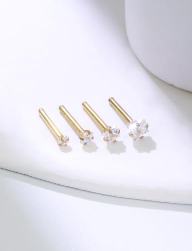 18G 20G 14K Gold Filled Nose Rings Studs Piercing Jewelry For Women Men 316L Surgical Steel Round Square Cubic Zirconia Nose Rings Studs Nostrial Piercing Jewelry CZ 1.5mm 2mm 2.5mm 3mm - color: 14K Gold Plated, size: 20 Gauge-Straight-Round and Square CZ