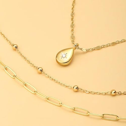 Gold Layered Necklaces for Women, 14K Gold Plated Paperclip Snake Chain Necklace Set, Dainty Coin Cross Tear Pendant Layering Choker Necklaces, Simple Trendy Stackable Jewelry Gifts - color: 3PCS / Teardrop & Chain& Chain