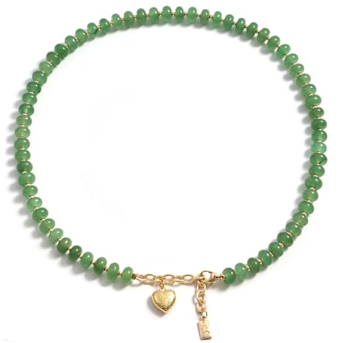 Boho Gemstone Beaded Necklace for Women – Colorful Natural Stone Choker 18K Solid Heart-Shaped Pendant, Summer Beach Jewelry - color: Green Aventurine