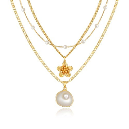 Charm Necklaces for Women,14k Gold Plated Waterproof Dainty Choker Necklace Summer Seashell Pearl Beach Cute Necklaces Set Fashion Jewelry Gift - style: Tropical