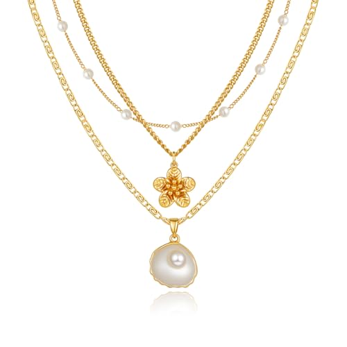 Charm Necklaces for Women,14k Gold Plated Waterproof Dainty Choker Necklace Summer Seashell Pearl Beach Cute Necklaces Set Fashion Jewelry Gift - style: Tropical