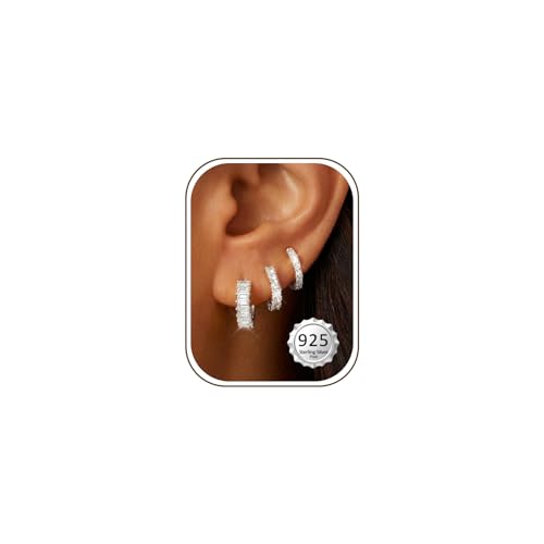Small Gold Earring Stack Trendy 925 Sterling Silver Earrings for Women Hypoallergenic 14K Gold Plated Cubic Zirconia Stud Hoop Non Tarnish Huggie Hoop Earrings Set for Multiple Piercing Jewelry Gift - style: Silver: 3 Pairs of CZ Hoops