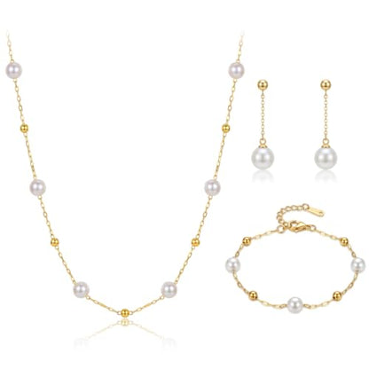 Gold Jewelry Sets for Women, Gold Pearl Dangle Earrings Bracelets Necklaces Set, Women's Jewelry Gifts for Women Wife - style: Gold Pearl Necklace Set-3PCS