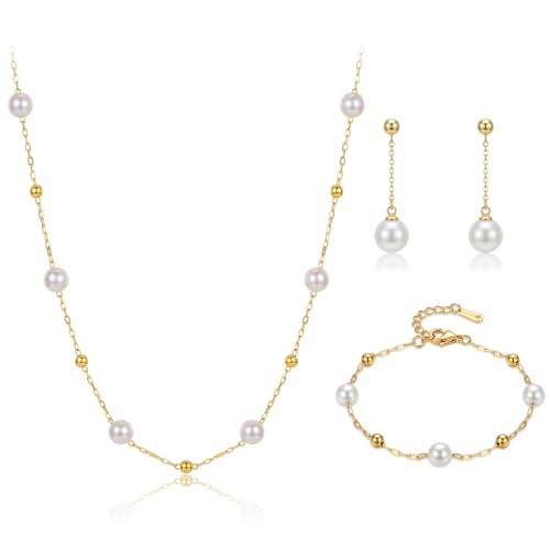 Gold Jewelry Sets for Women, Gold Pearl Dangle Earrings Bracelets Necklaces Set, Women's Jewelry Gifts for Women Wife - style: Gold Pearl Necklace Set-3PCS