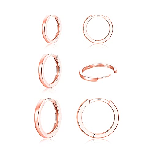 3 Pairs 925 Sterling Silver Hoop Earrings 14K White Gold Plated Small Silver Hoops Cartilage Huggie Earrings for Women Men - color: E-Rose Gold 8/10/12mm