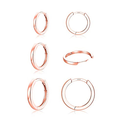 3 Pairs 925 Sterling Silver Small Huggie Hoop Earrings for Women Men | 14K White Gold Plated, Hypoallergenic, Small Silver Hoops - color: E-Rose Gold 8/10/12mm