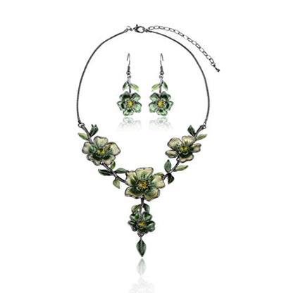 AMYJANE Vintage Statement Jewelry Set - Spring Leaf Flower Floral Plant Necklace Earring Set Crystal Rhinestone Fashion Costume Jewelry for Women Prom Party Unique Gift - style: Green Flower Green Leaf