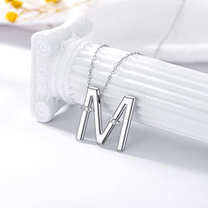 Initial Pendant Necklace 14K White Gold Plated A-Z 26 Letter Alphabet Pendant 925 Sterling Silver Jewelry Gift for Women Girls Teens - style: Alphabet - M
