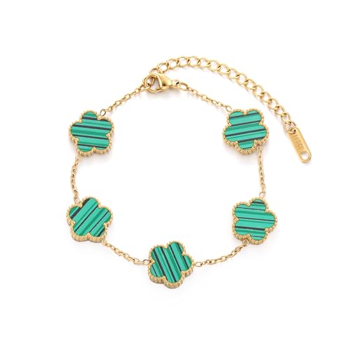 TICVSS Four Leaf Clover Bracelet for Women 18K Gold Plated Stainless Steel Lucky 4 Leaf Gold Link Bracelet Jewelry Gift for Women - color: Green