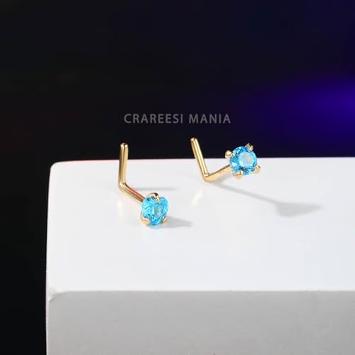 14K Real Gold Nose Studs 20G Nose Rings Studs L Shaped Nose Rings for Women Men Diamond CZ Nose Piercing - color: Yellow Gold-Heart BLCZ