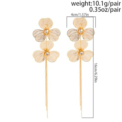 Gold Flower Tassel Dangle Earrings for Women,Boho Chunky Floral Long Fringe Statement Earring,Fashion Spring Jewelry Party Prom Accessories - color: Golden