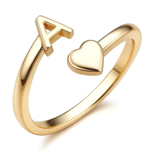 FUNRUN JEWELRY Gold Initial Ring for Women Non Tarnish 14K Gold Plated | Adjustable Letter Rings A-Z Dainty Heart Alphabet Stackable Band Rings Trendy Capital Letter Pinky Knuckle Thumb Ring - style: A Initial Ring