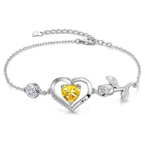1CT Rose Heart Birthstone Bracelet for Women Love Gift - style: 11-Nov Yellow Silver
