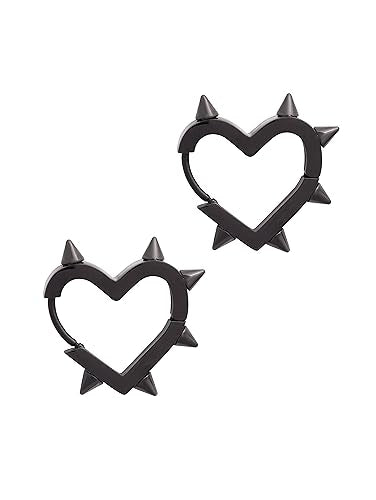 Huggie Hoop Spike Heart Earrings, Gothic Punk Grunge Emo Y2k Earrings, Goth Jewelry, Christmas Jewelry Gift For Women - color: black