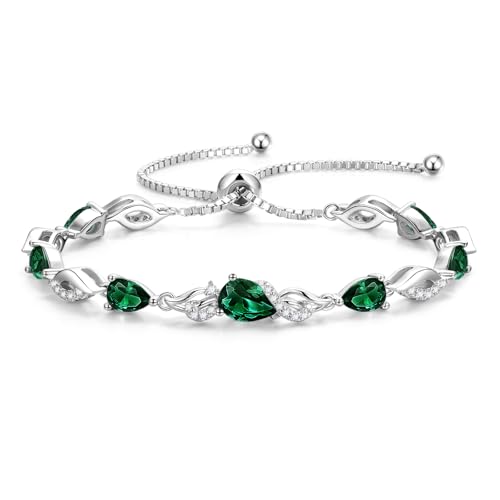 FANCIME Birthstone Teardrop Tennis Bracelet for Women, Sterling Silver 9x7mm main Gemstone Bolo Adjustable Chain Bracelet Fine Jewelry Birthday Gifts for Women Mom Wife Her - color: 05-Emerald