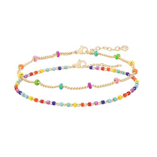 Gold Chain Bracelet for Women, 14K Gold Plated | Dainty Bracelets with Adjustable Chain, Trendy Jewelry Gift for Women - style: layer colorful